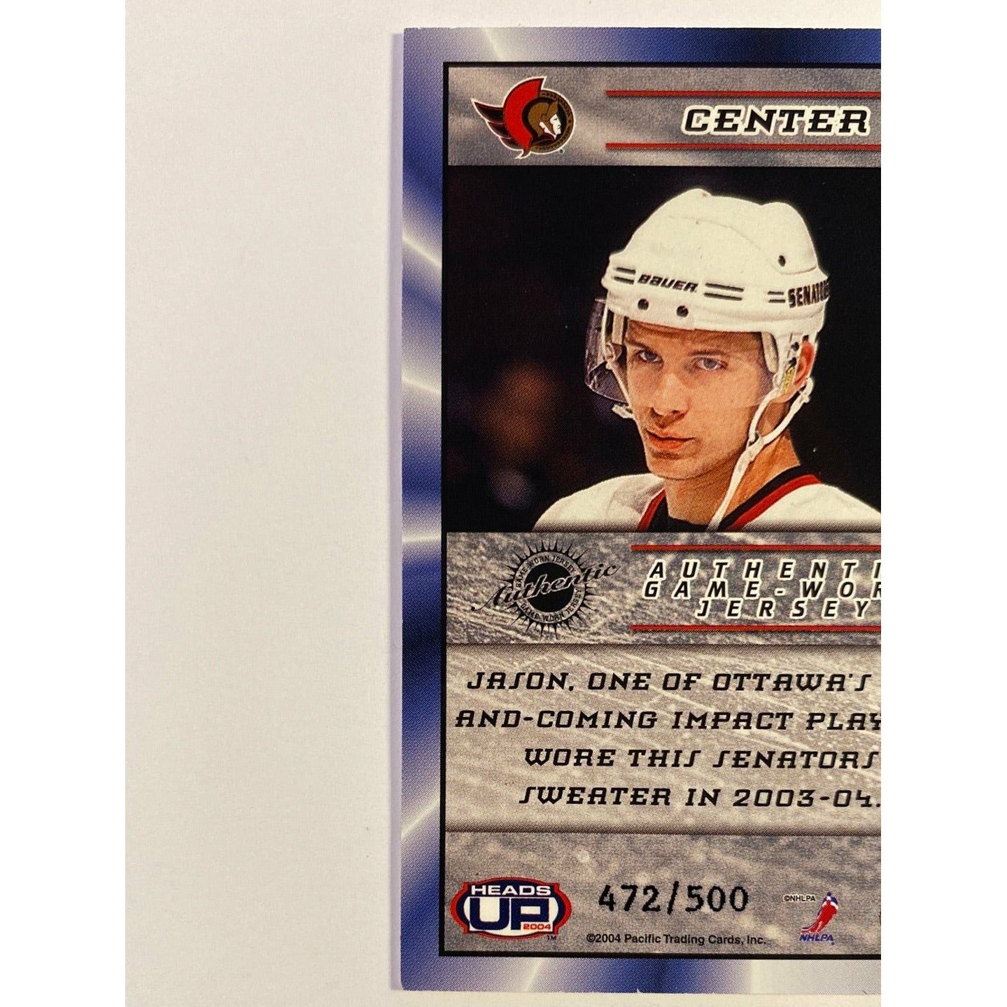 2003-04 Pacific Heads Up Jason Spezza Authentic Game Worn Jersey /500