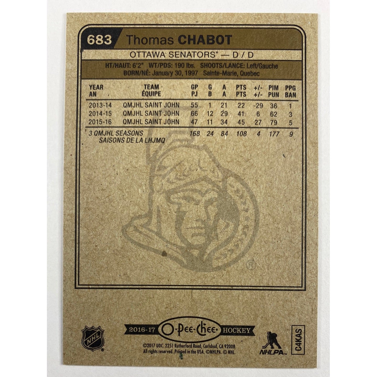 2016-17 O-Pee-Chee Thomas Chabot Marquee Rookies