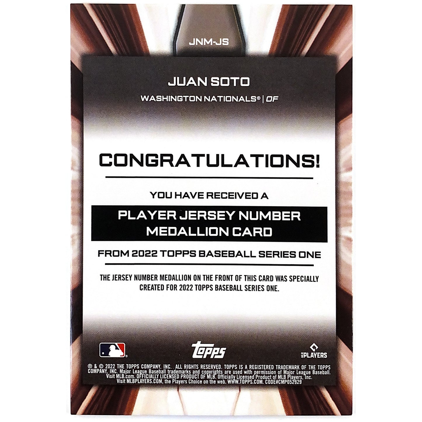 2022 Topps Juan Soto Commemorative Jersey Number Medallion