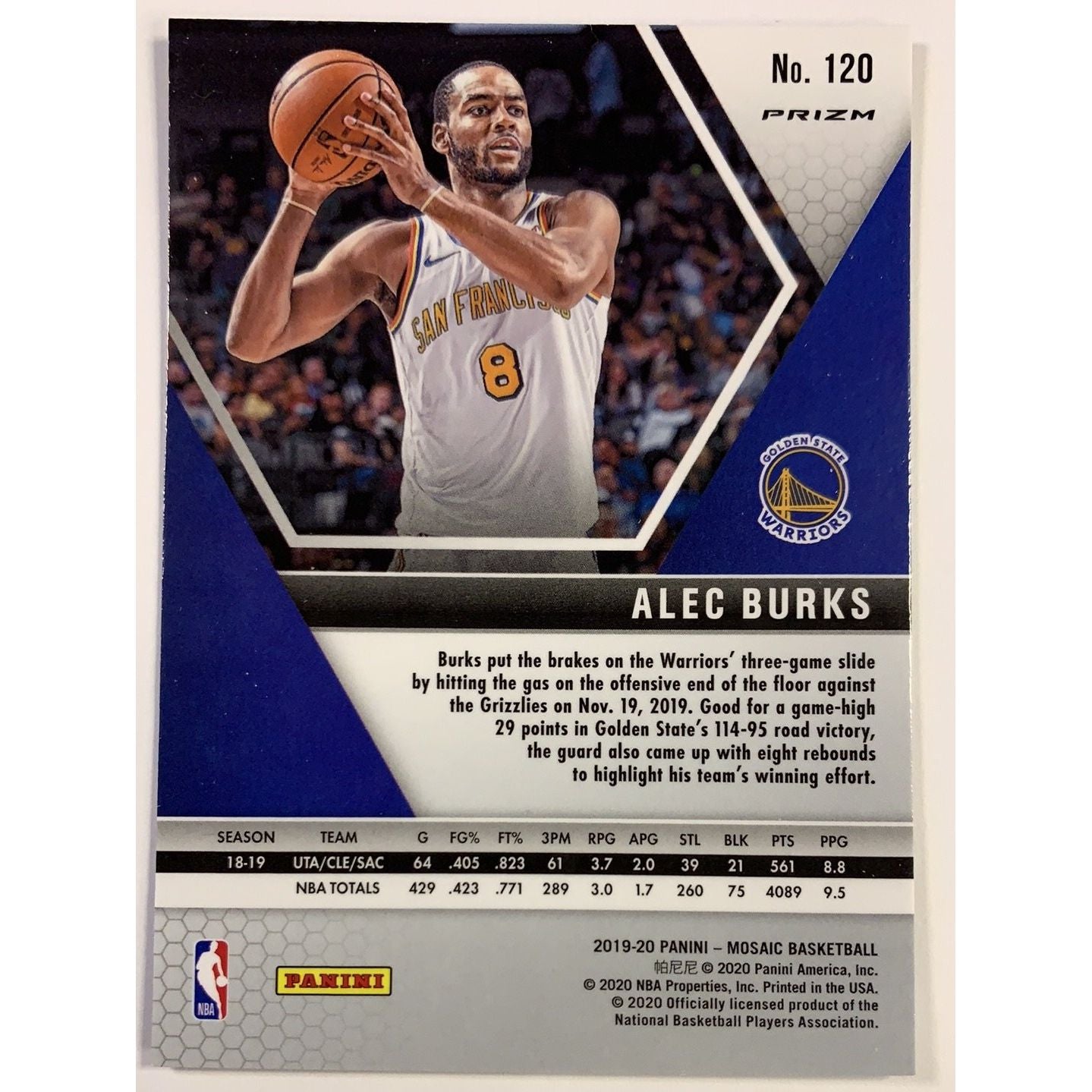  2019-20 Mosaic Alec Burks Blue Reactive Prizm  Local Legends Cards & Collectibles