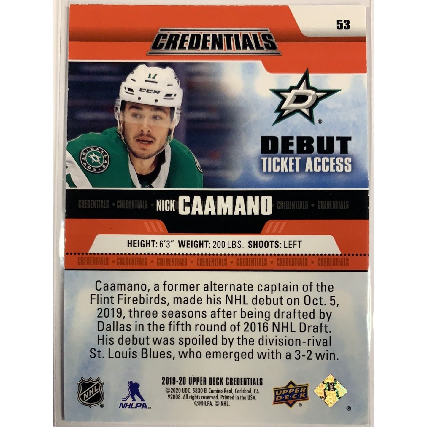  2019-20 Credentials Nick Caamano Debut Ticket Access /99  Local Legends Cards & Collectibles