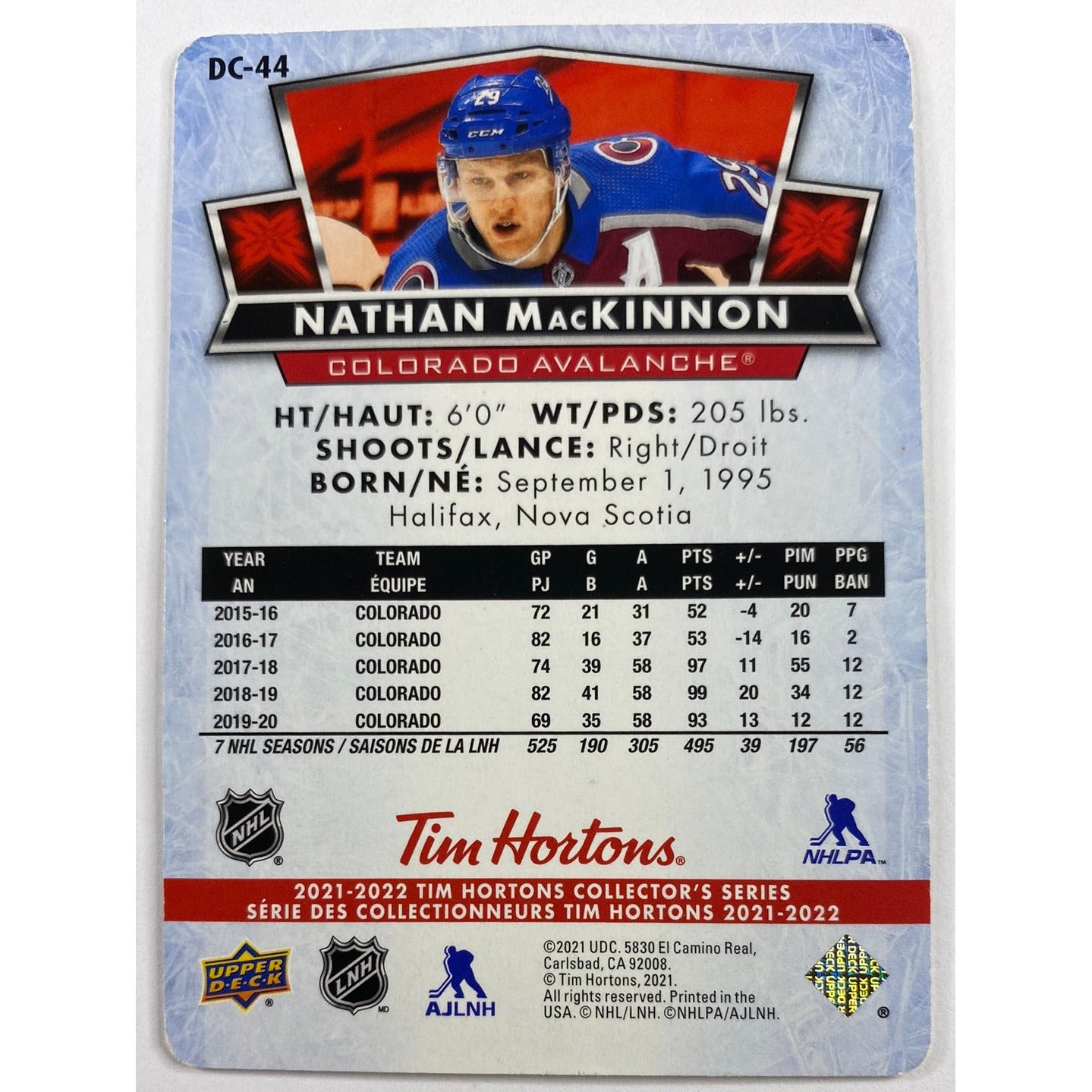 2021-22 Tim Hortons Nathan McKinnon Red Die Cut