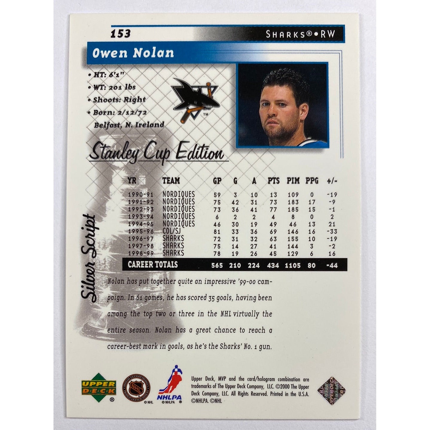 1999-00 MVP Owen Nolan Stanley Cup Edition Silver Script