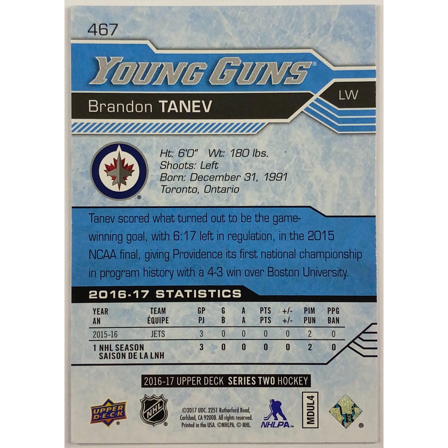 2016-17 Upper Deck Series 2 Brandon Tanev Young Guns