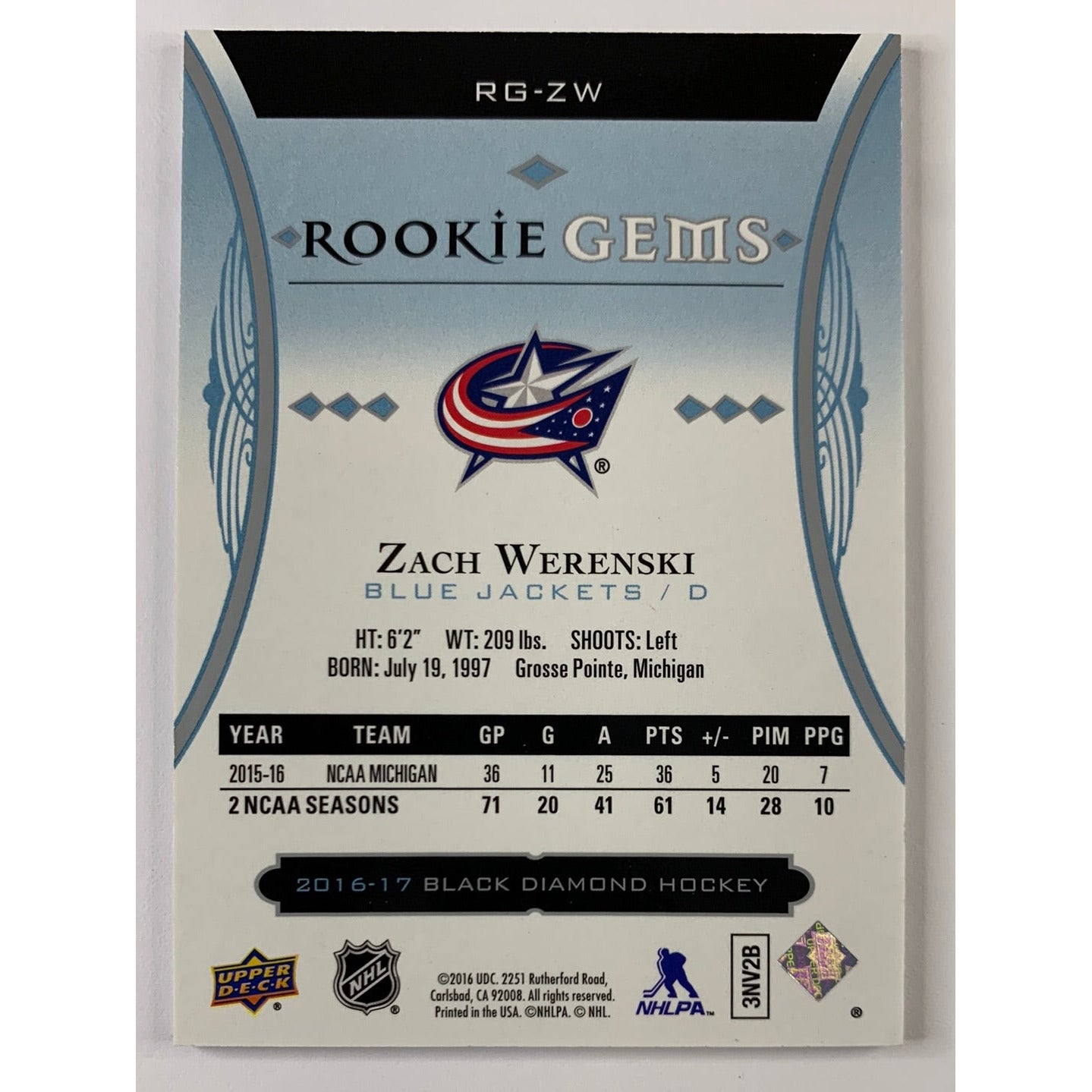 2016-17 Black Diamond Zach Werenski Rookie Gems /399