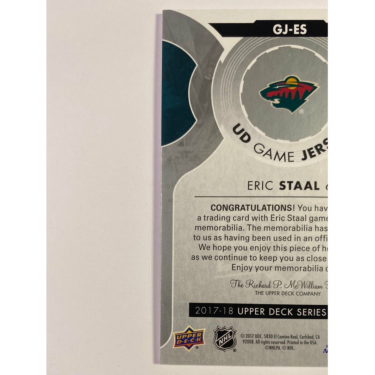 2017-18 Upper Deck Series 1 Eric Staal UD Game Jersey