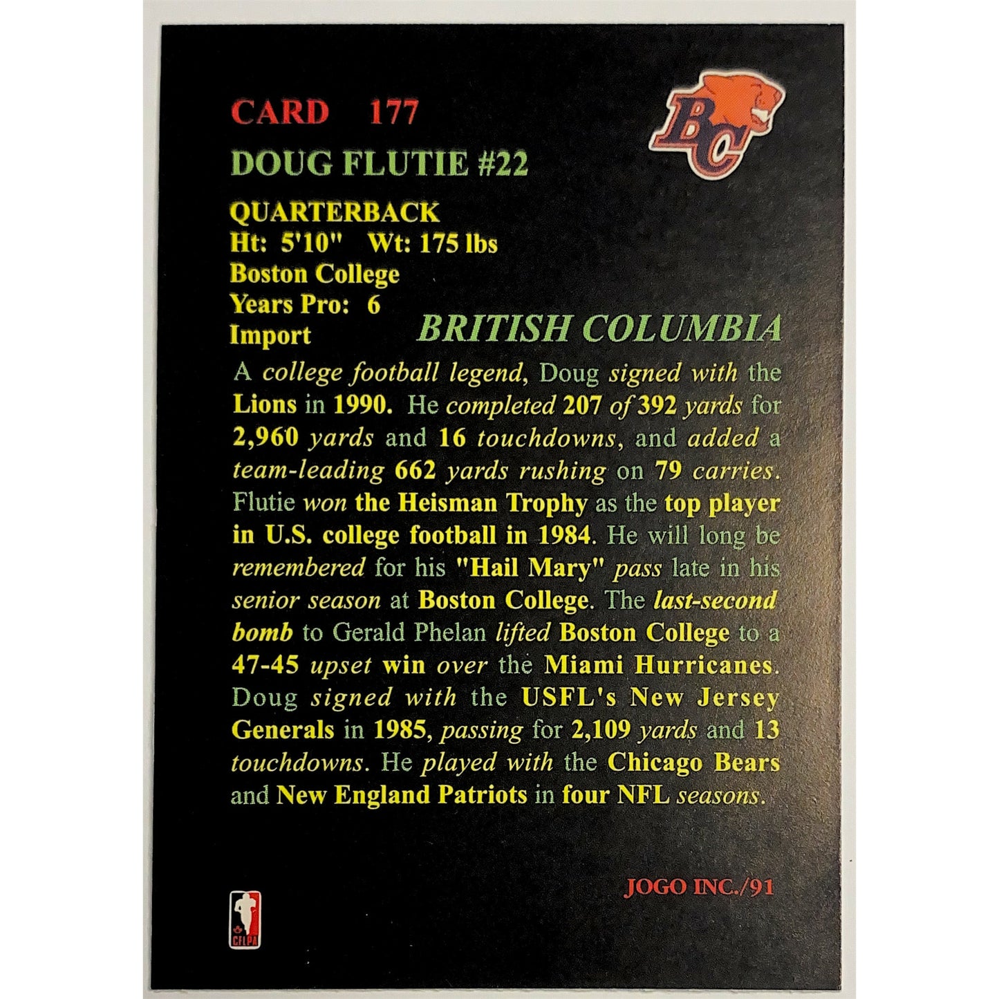 1991 JOGO CFL Doug Flutie Rookie Card #177