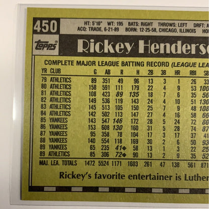  1990 Topps Rickey Henderson #450  Local Legends Cards & Collectibles