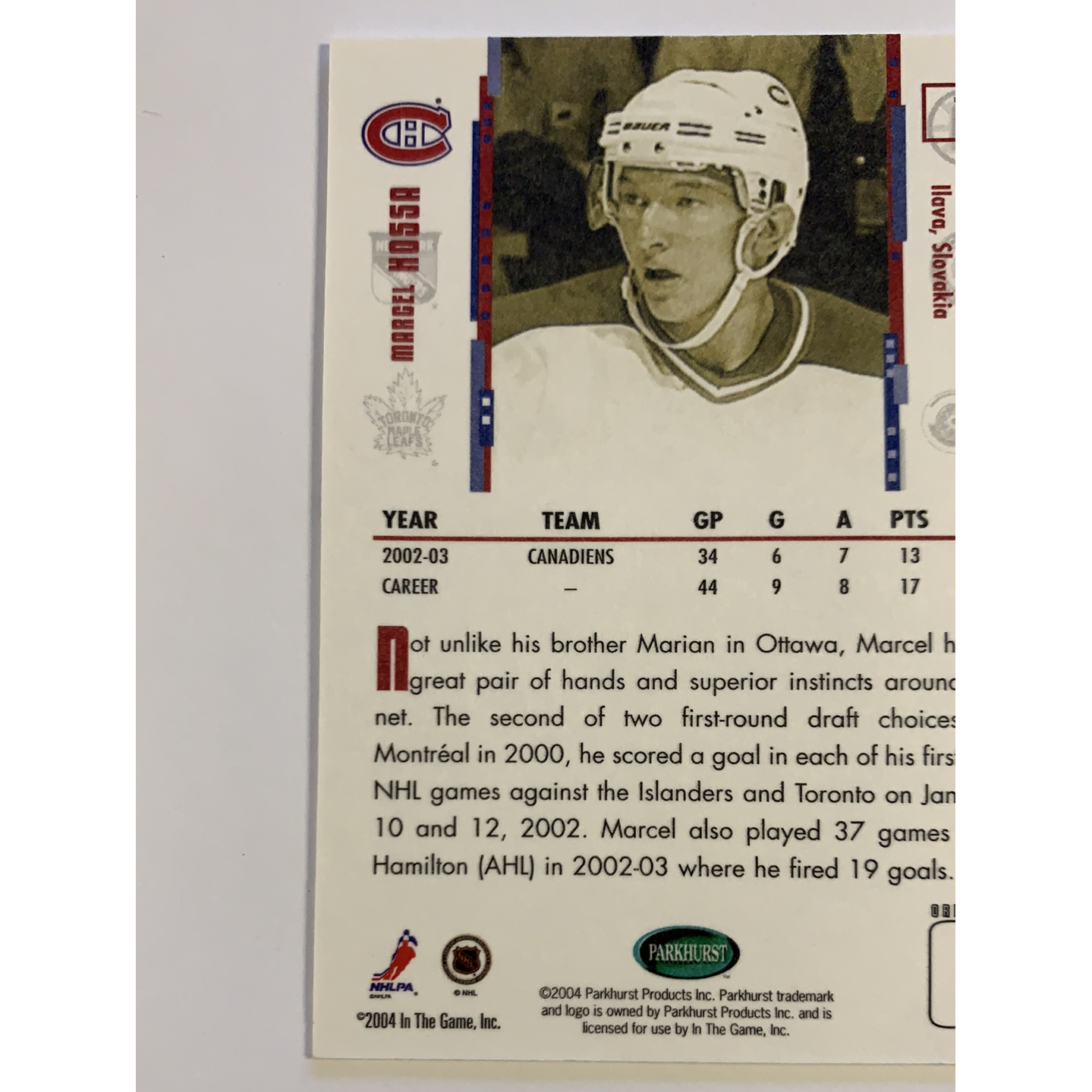  2004-05 Parkhurst Original Six Marcel Hossa 01/10 Spring Expo  Local Legends Cards & Collectibles