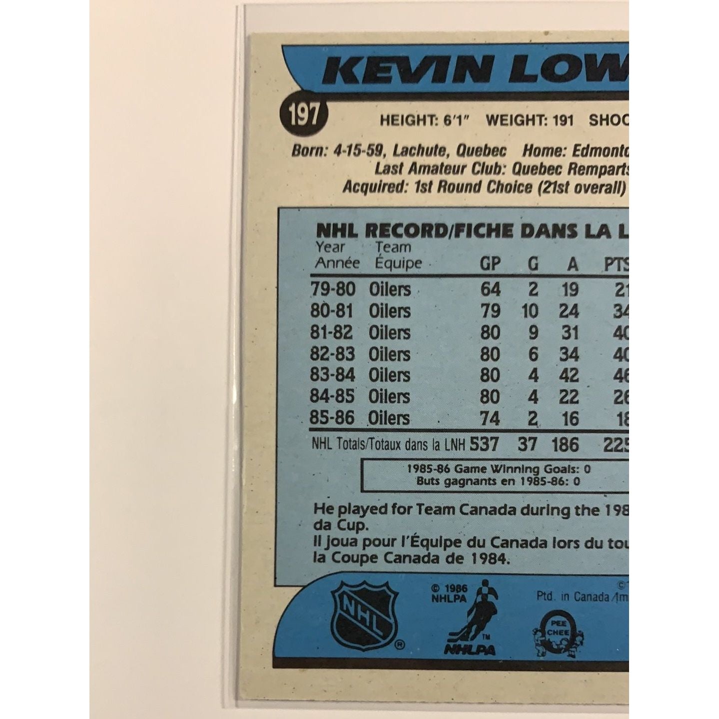  1986-87 O-Pee-Chee Kevin Lowe Base #197  Local Legends Cards & Collectibles