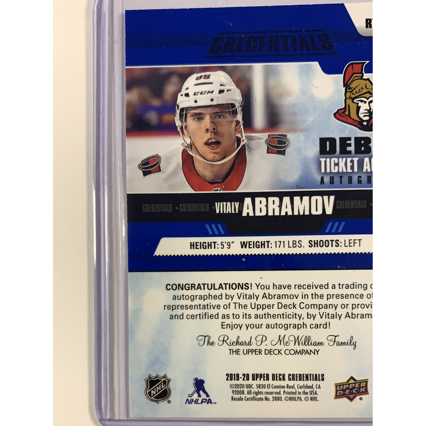  2019-20 Upper Deck Credentials Vitaly Abramov Debut Ticket Access Autographs Rookie Card  Local Legends Cards & Collectibles