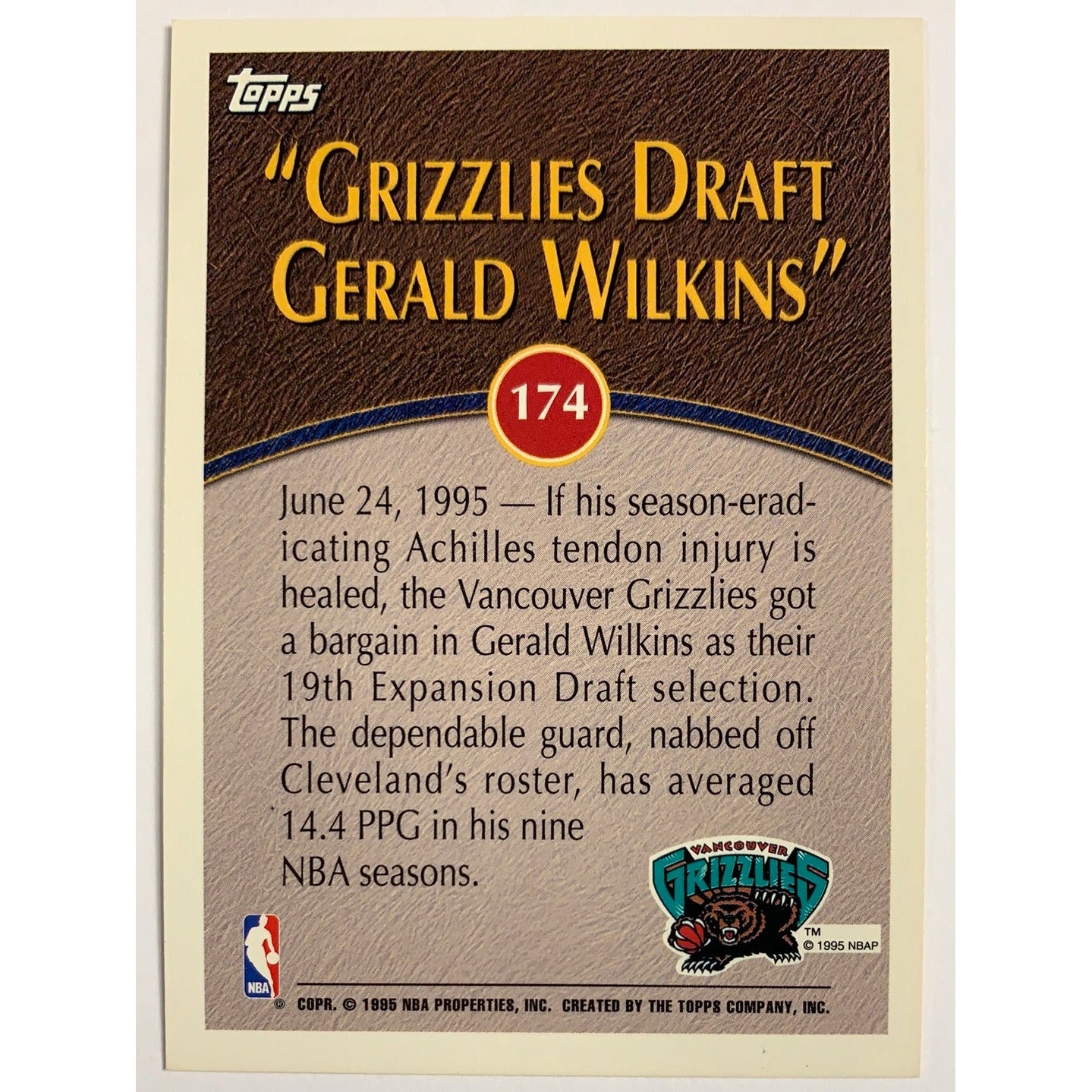 1995 Topps Grizzlies Draft Gerald Wilkins-Local Legends Cards & Collectibles