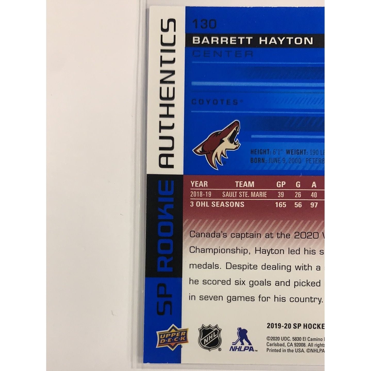  2019-20 SP Barrett Hayton Rookie Authentics  Local Legends Cards & Collectibles