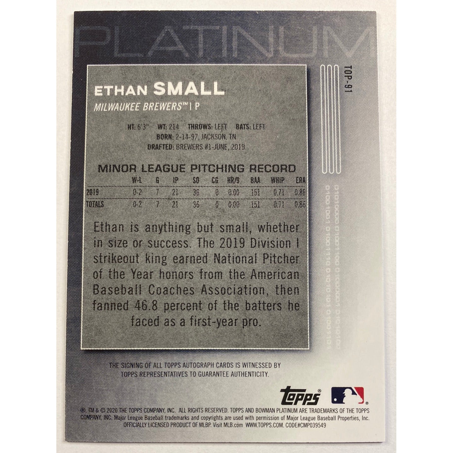 2020 Bowman Platinum Ethan Small Bronze Foil Auto /25