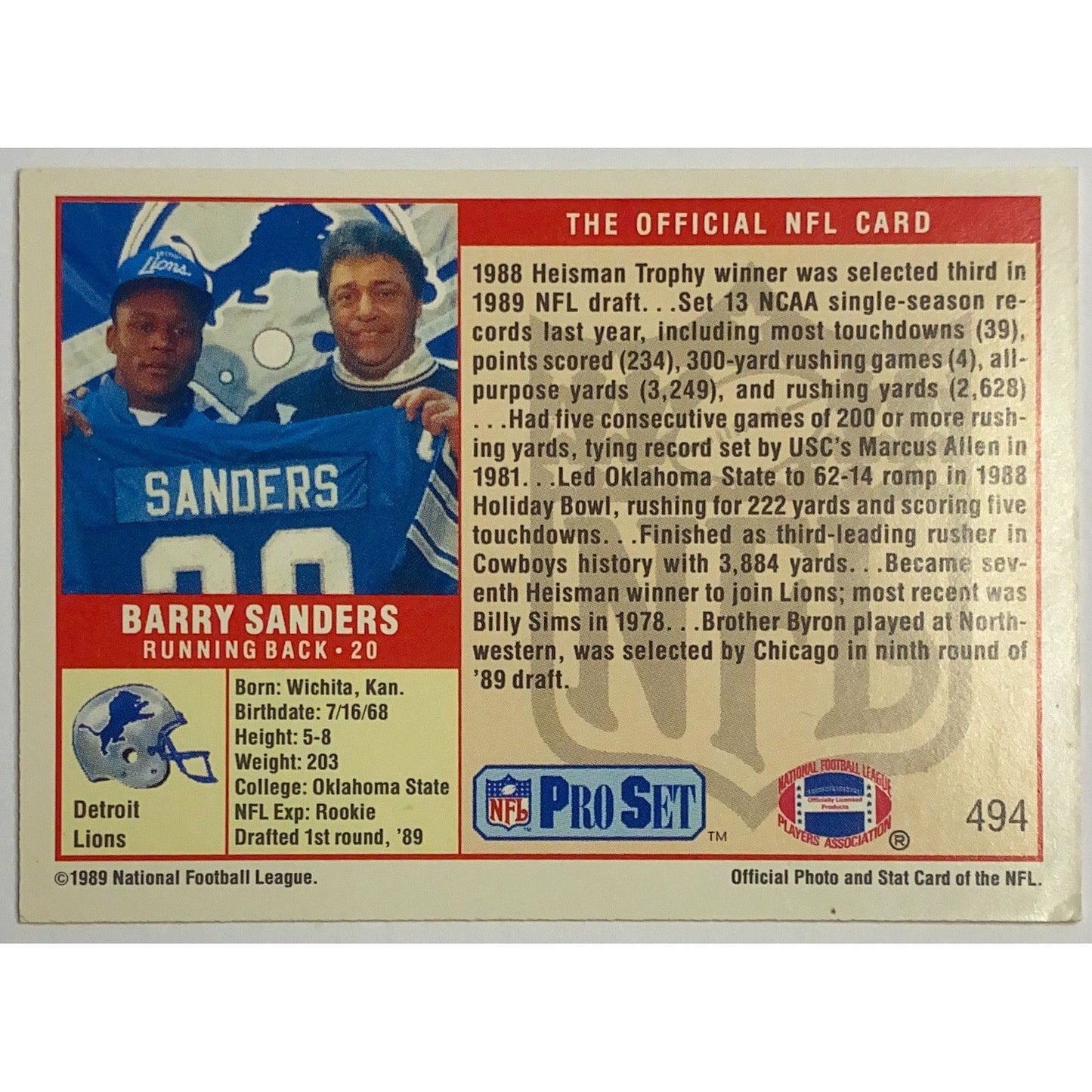 1989 Pro Set NFL Barry Sanders Rookie No.1 Pick Prospect  #494