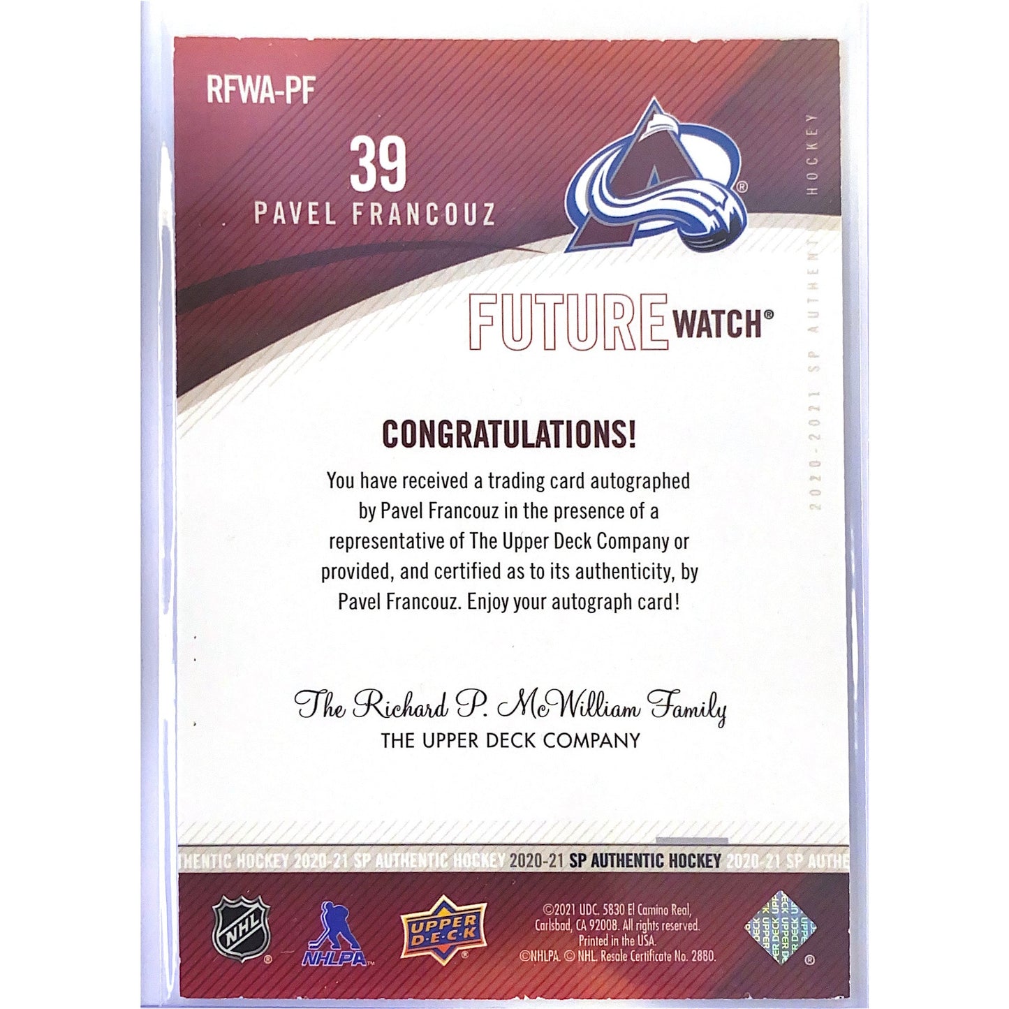 2020-21 SP Authentic Pavel Francouz Retro Future Watch /399