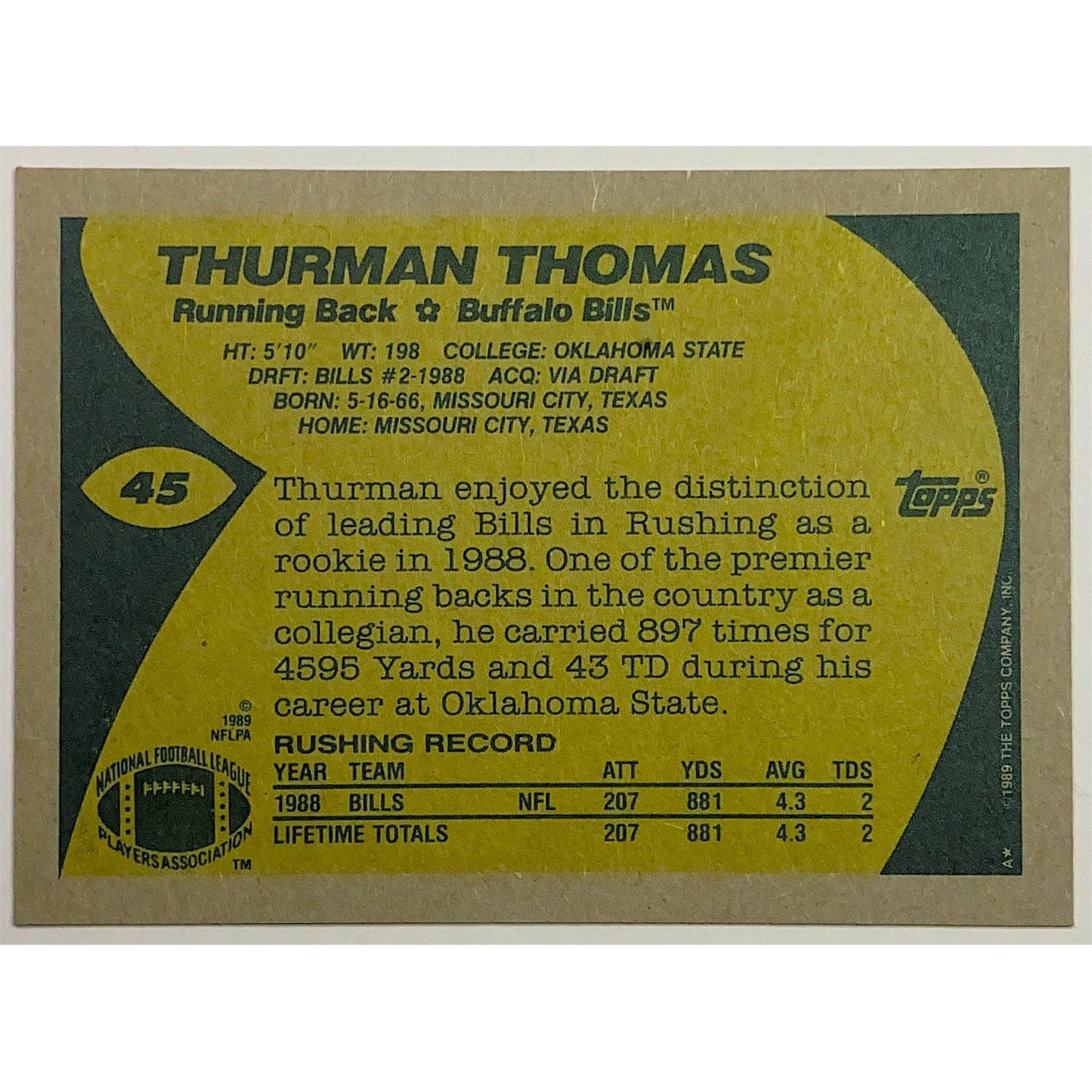 1989 Topps NFL Thurman Thomas Super Rookie #45