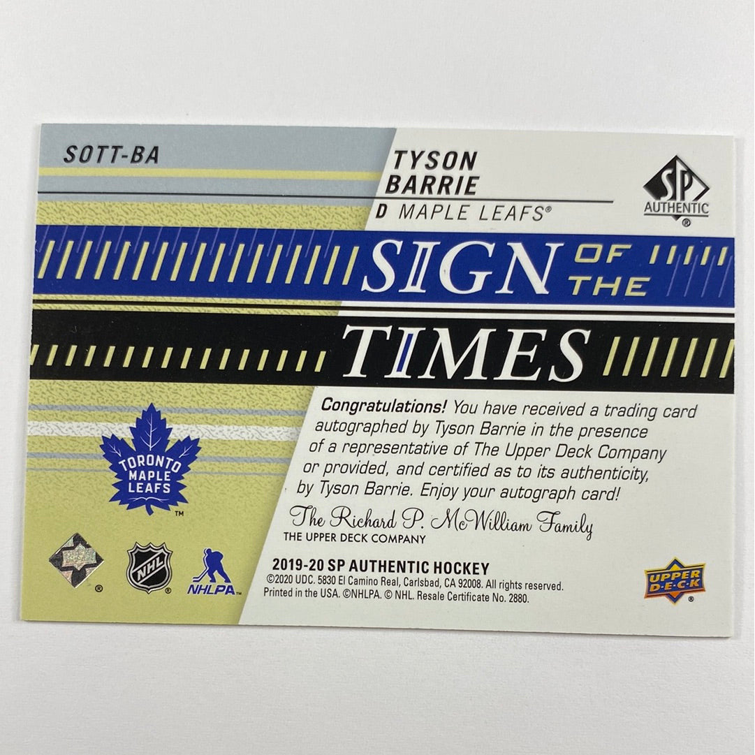 2019-20 SP Authentic Tyson Barrie Sign Of The Times