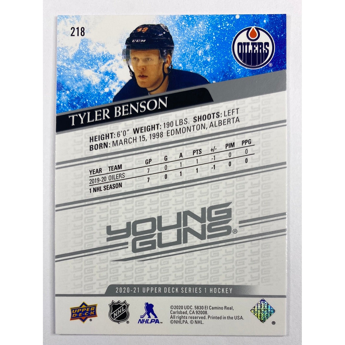 2020-21 Upper Deck Series 1 Tyler Benson Young Guns
