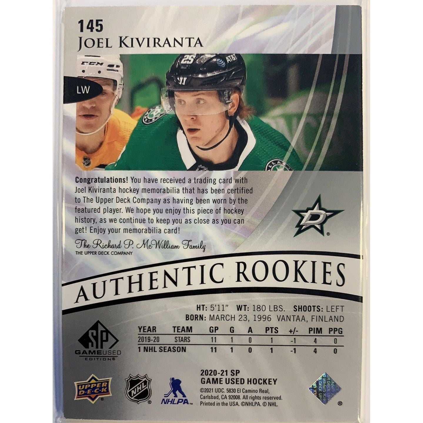 2020-21 SP Game Used Joel Kiviranta Authentic Rookies Patch  Local Legends Cards & Collectibles