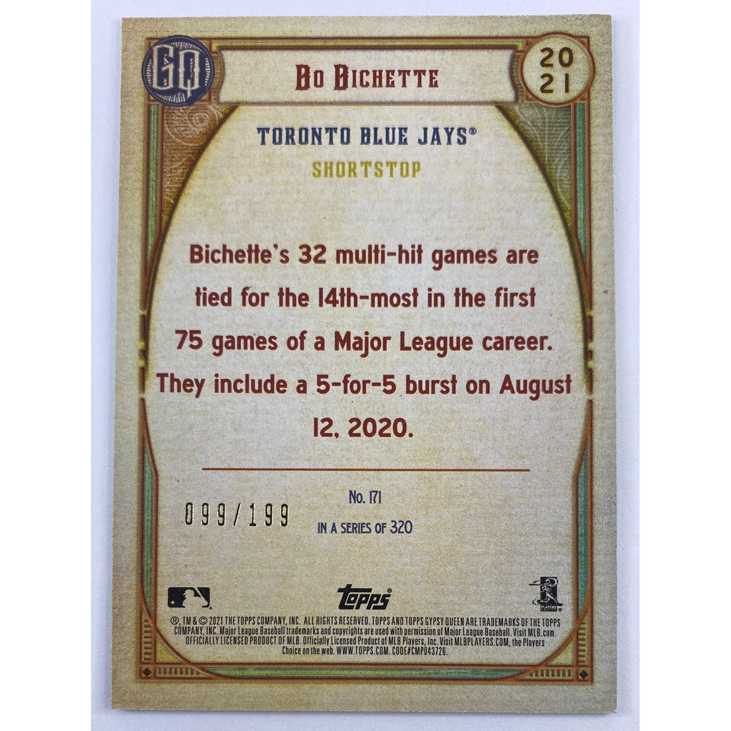 2021 Gypsy Queen Bo Bichette Aqua Parallel /199