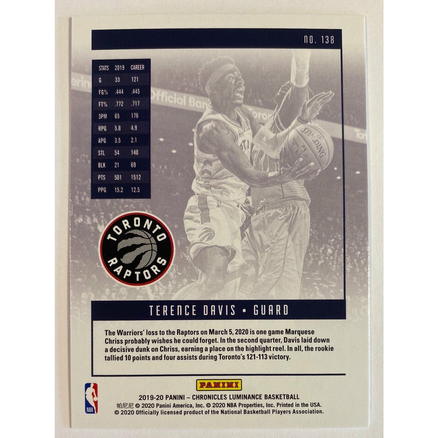  2019-20 Chronicles Luminance Terence Davis RC  Local Legends Cards & Collectibles