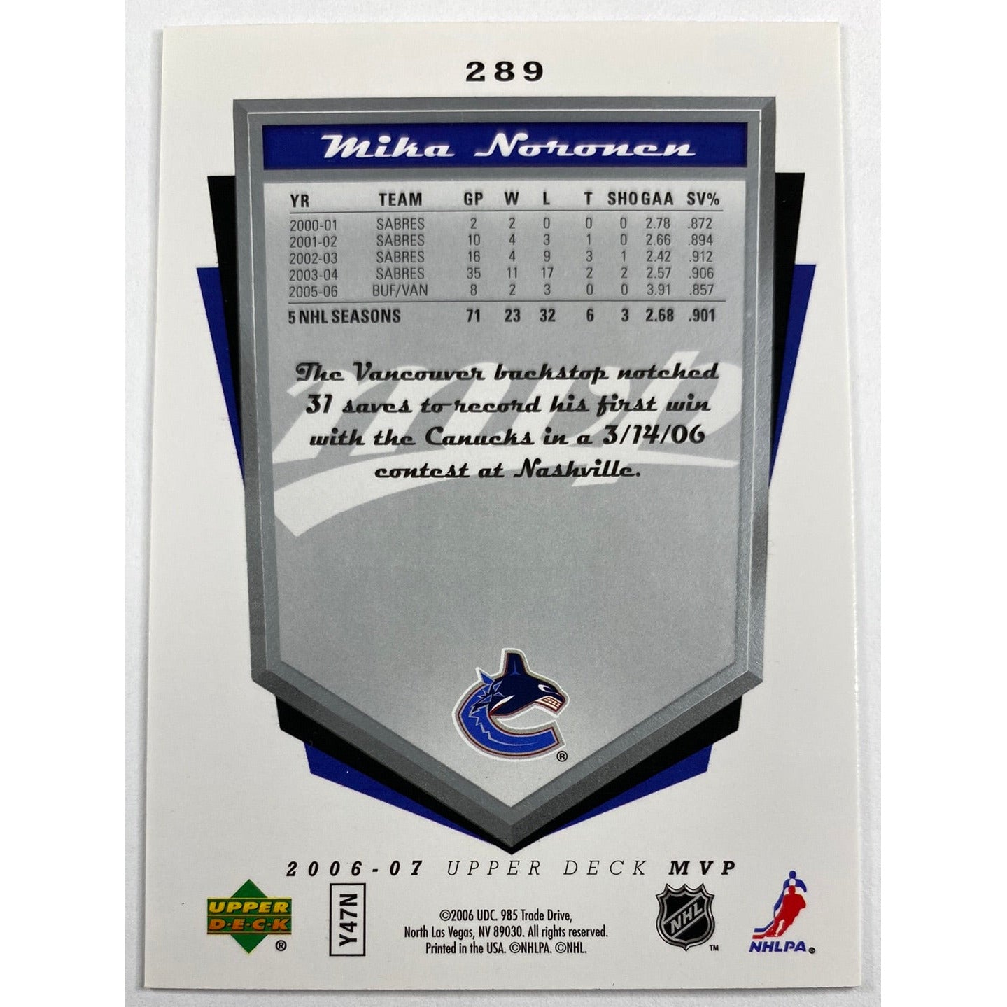 2006-07 MVP Mila Noronen Silver Script