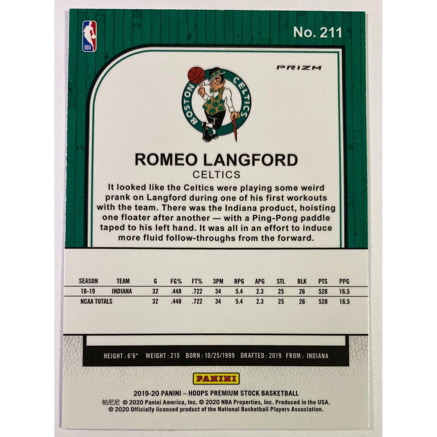 2019-20 Hoops Premium Stock Romeo Langford Silver Holo Prizm RC