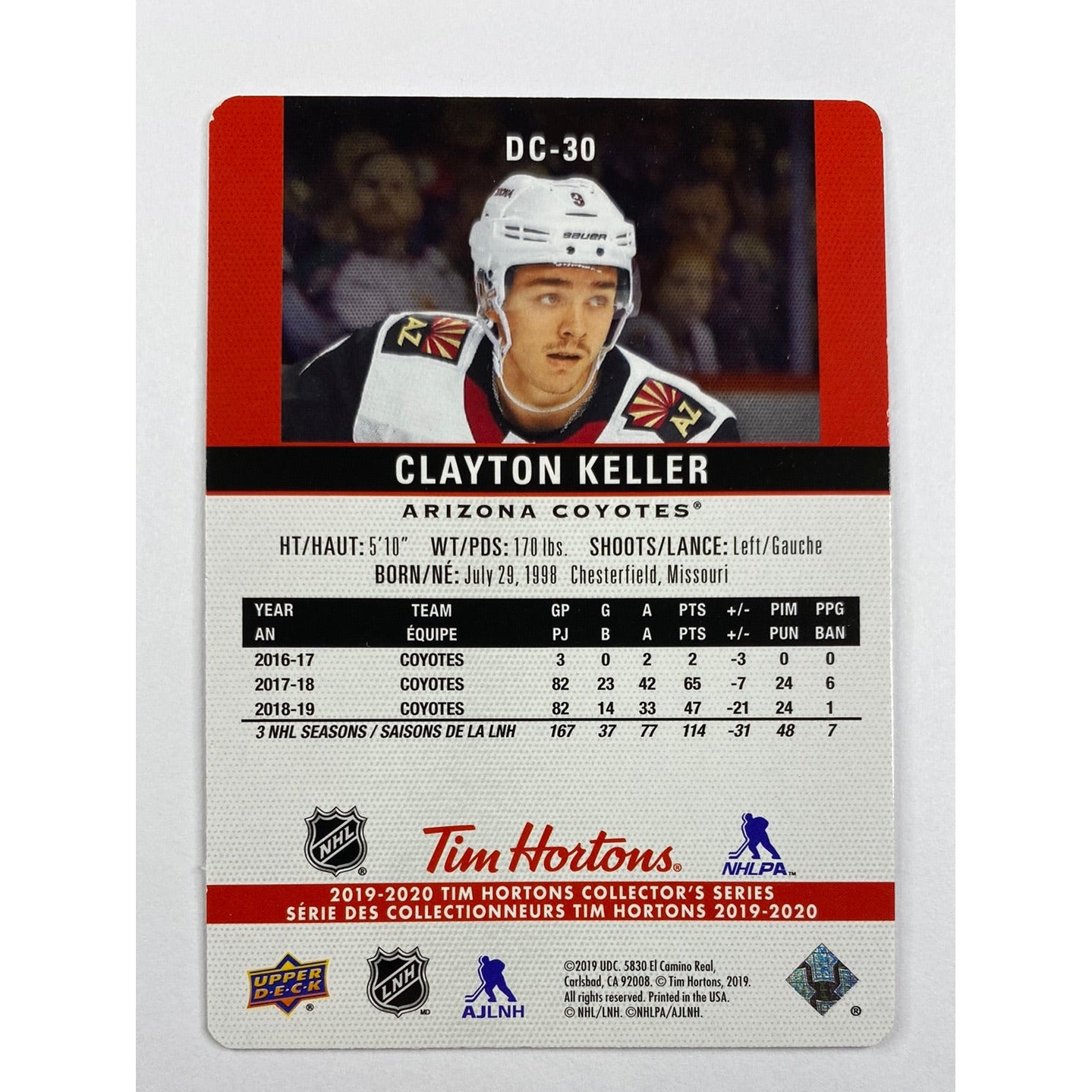 2019-20 Tim Hortons Clayton Keller Red Die Cut