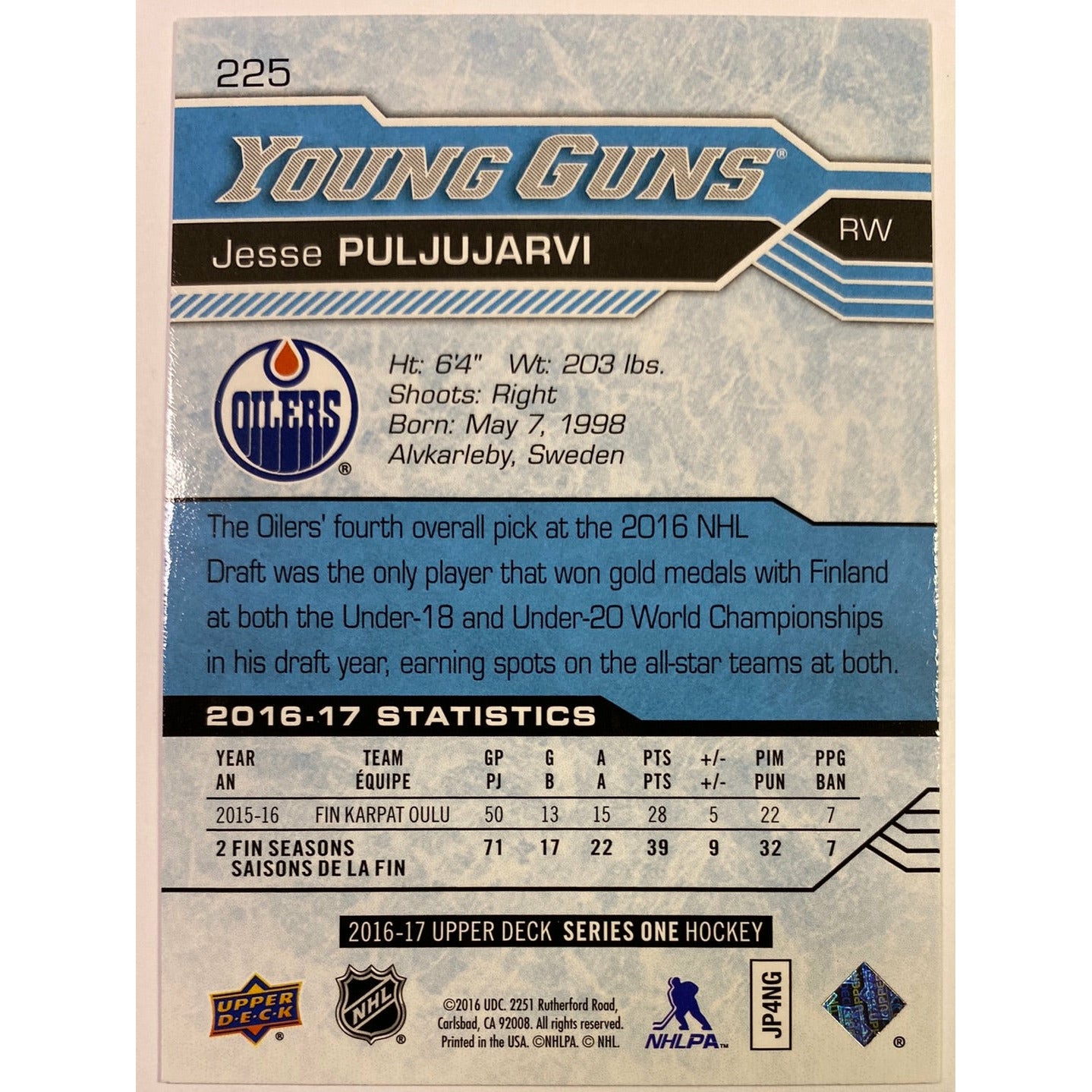 2016-17 Upper Deck Series 1 Jesse Puljujarvi Young Guns