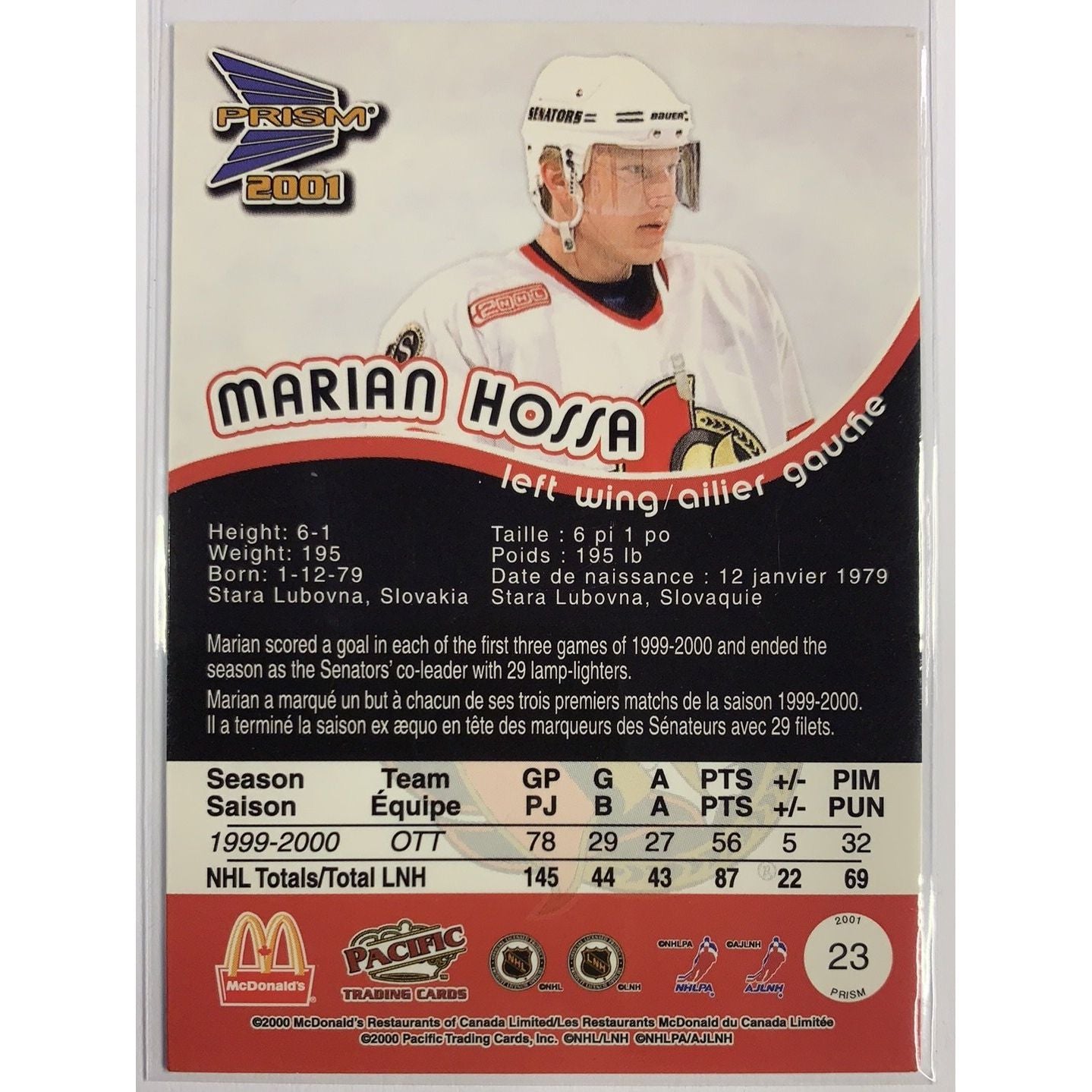  2000-01 Pacific Prism Marian Hossa Blue Parallel  Local Legends Cards & Collectibles