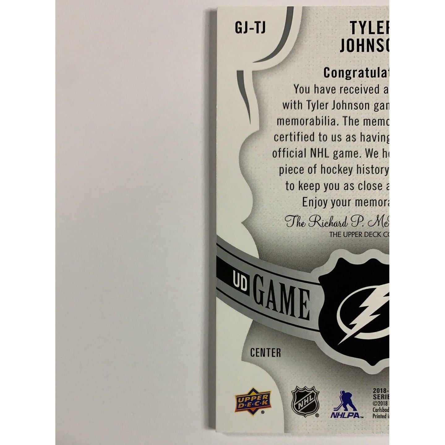 2018-19 Upper Deck Series 1 Tyler Johnson Game Jersey