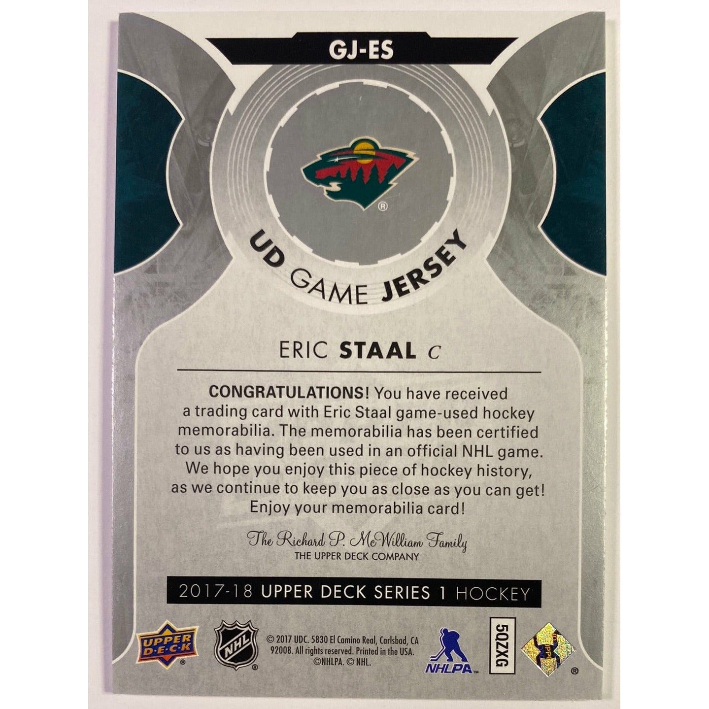 2017-18 Upper Deck Series 1 Eric Staal UD Game Jersey