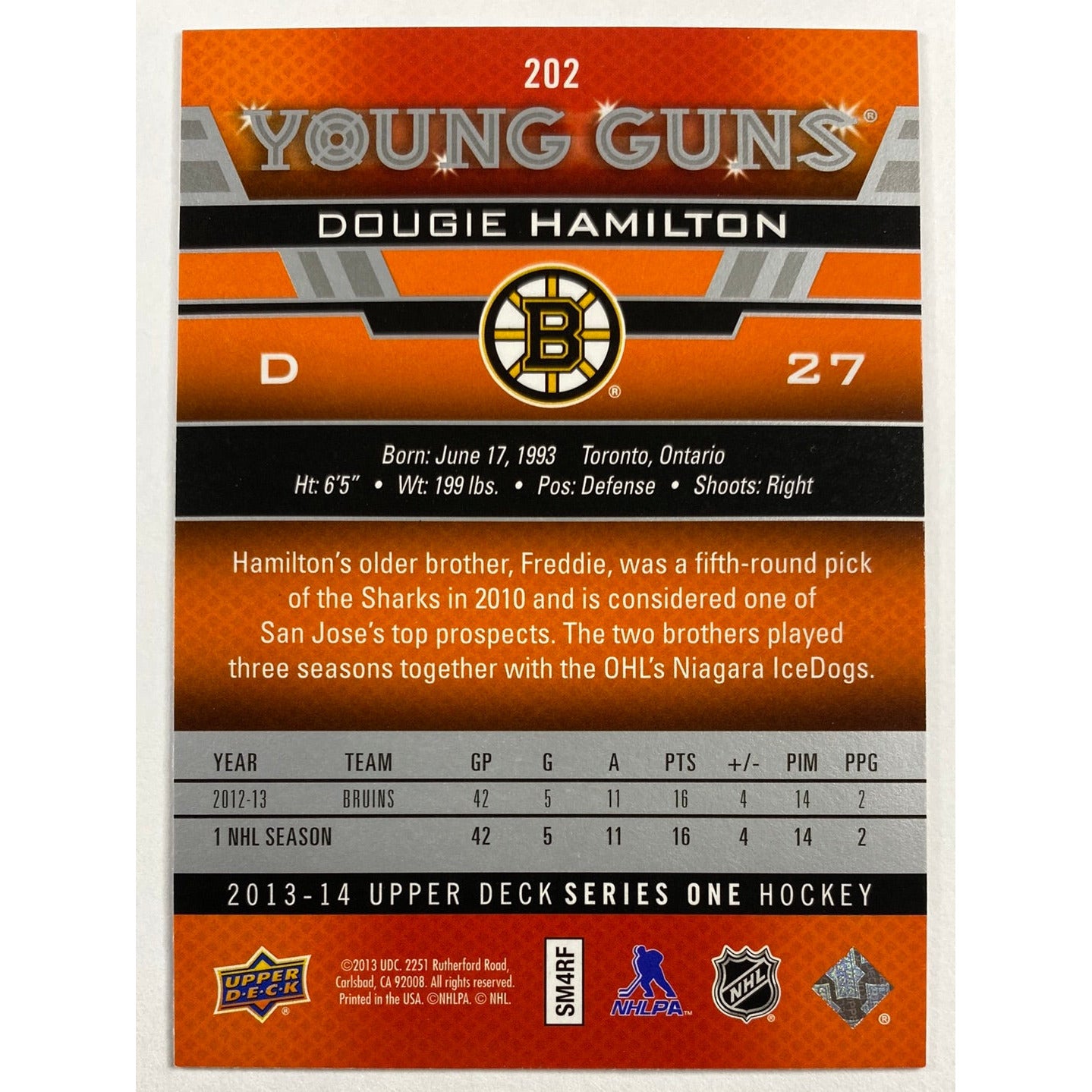 2013-14 Upper Deck Series 1 Dougie Hamilton Young Guns
