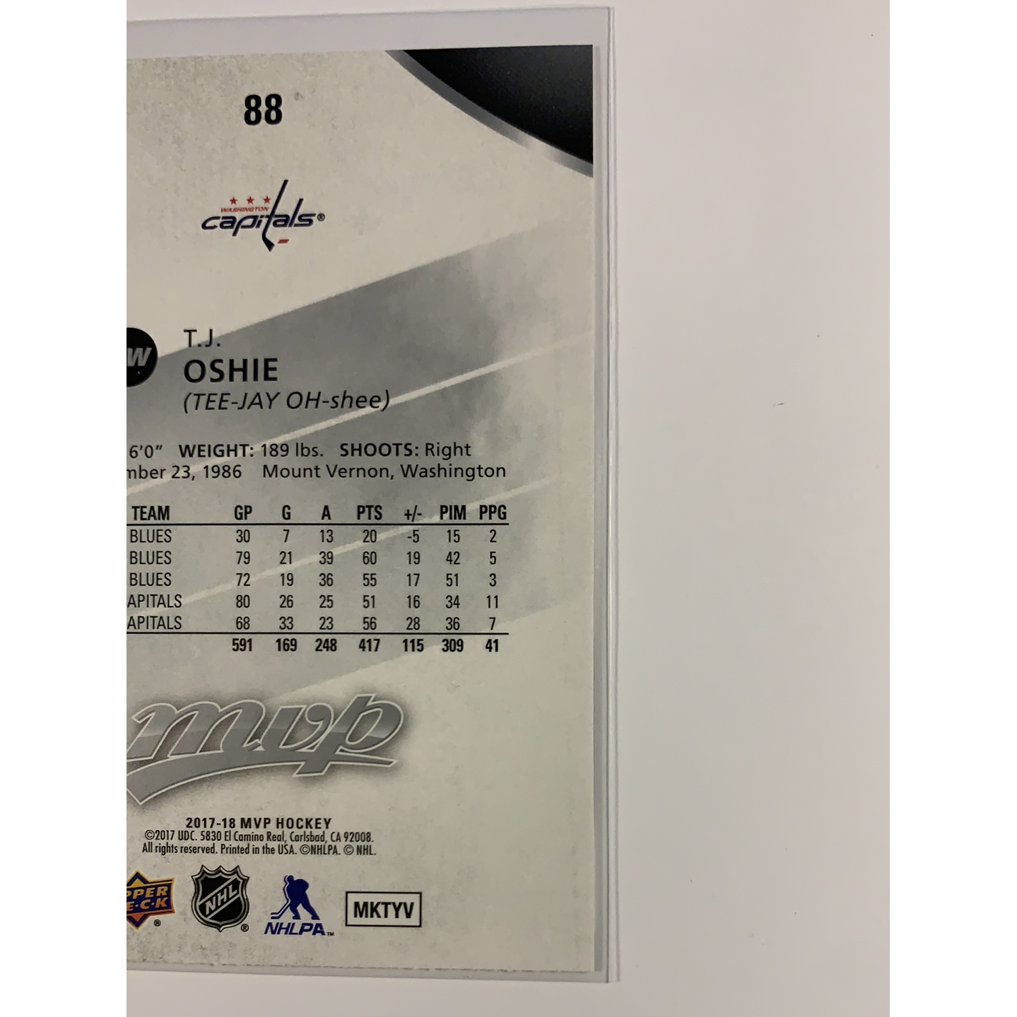  2017-18 MVP T.J. Oshie Silver Script  Local Legends Cards & Collectibles