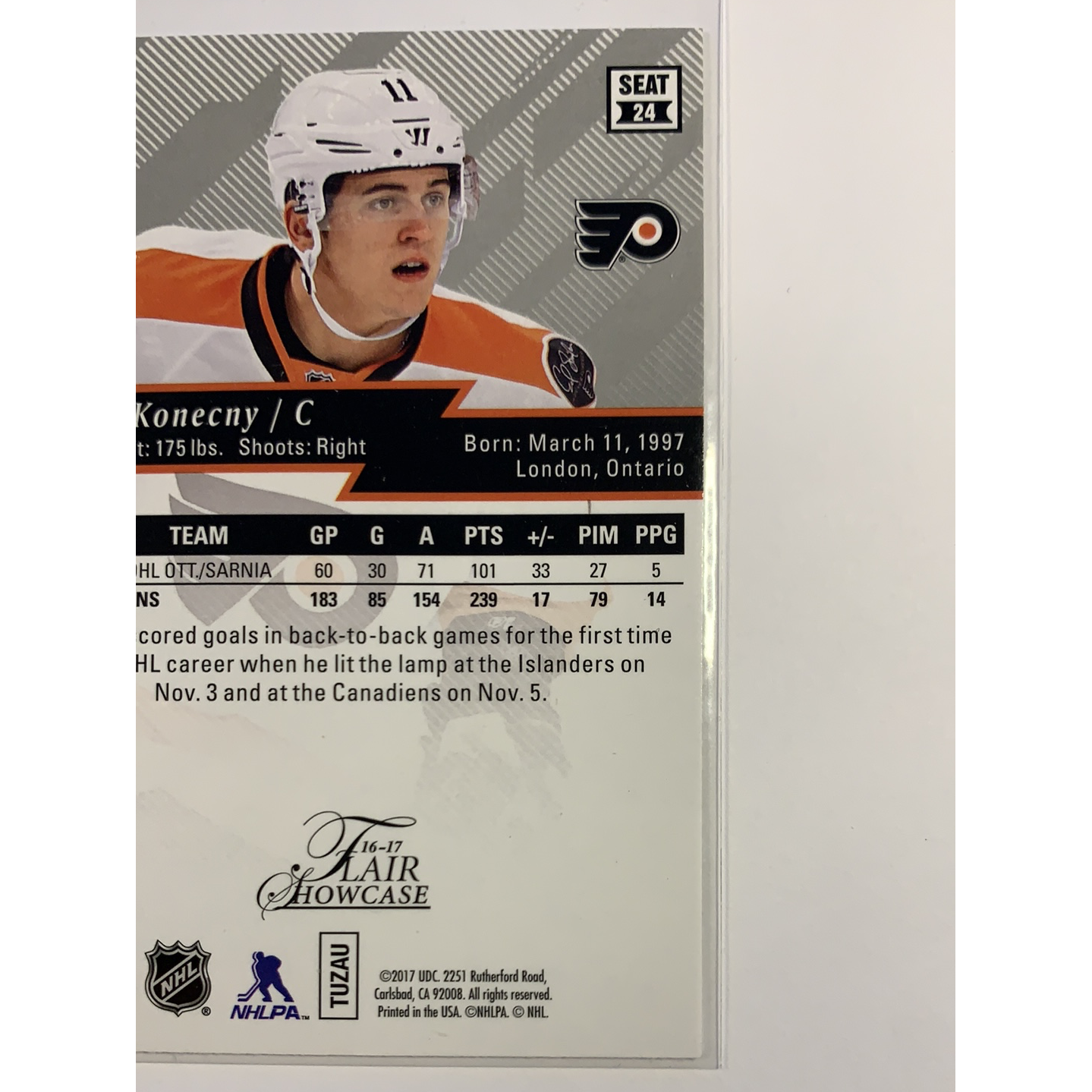  2016-17 Fleer Flair Showcase Travis Konecny Rookie Card  Local Legends Cards & Collectibles