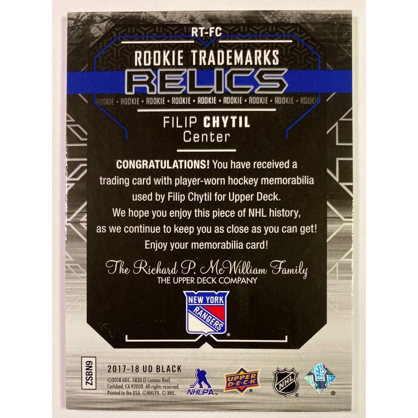  2017-18 UD Black Filip Chytil Rookie Trademarks Relics /299  Local Legends Cards & Collectibles
