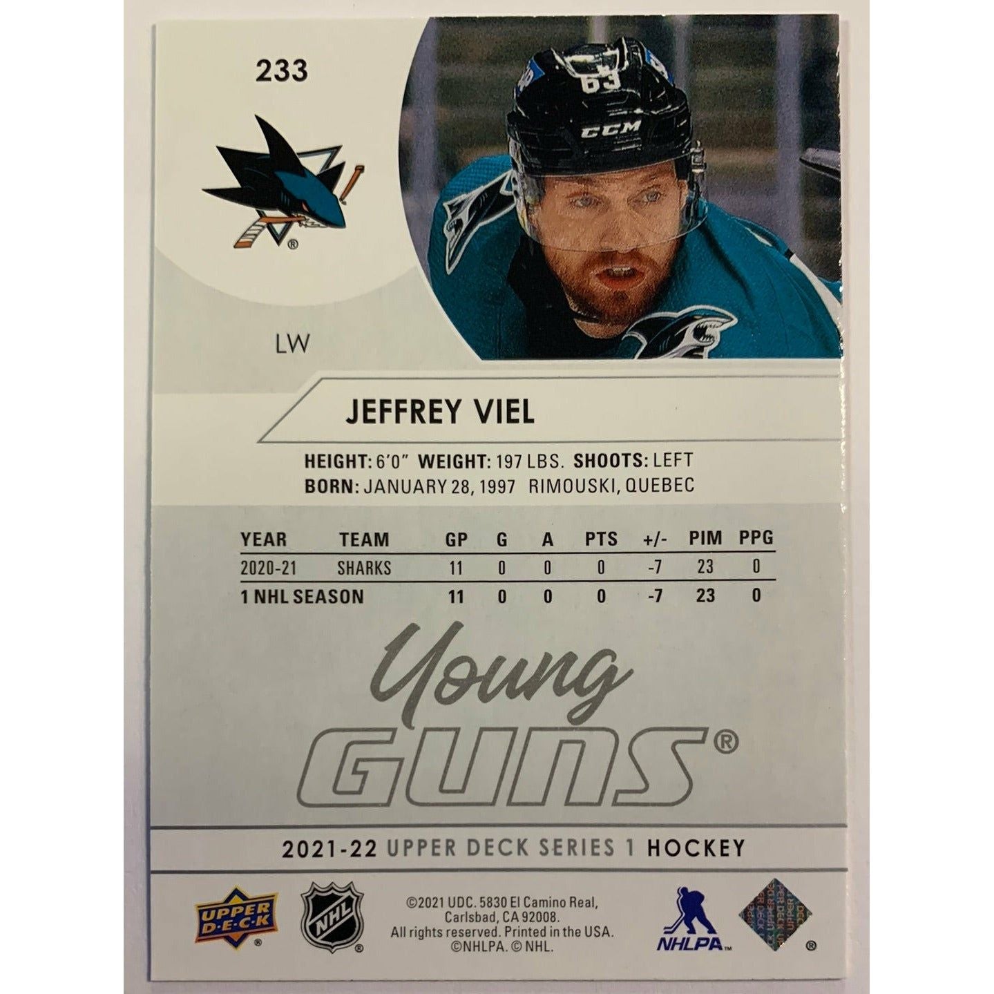 2021-22 Upper Deck Series 1 Jeffrey Viel Young Guns