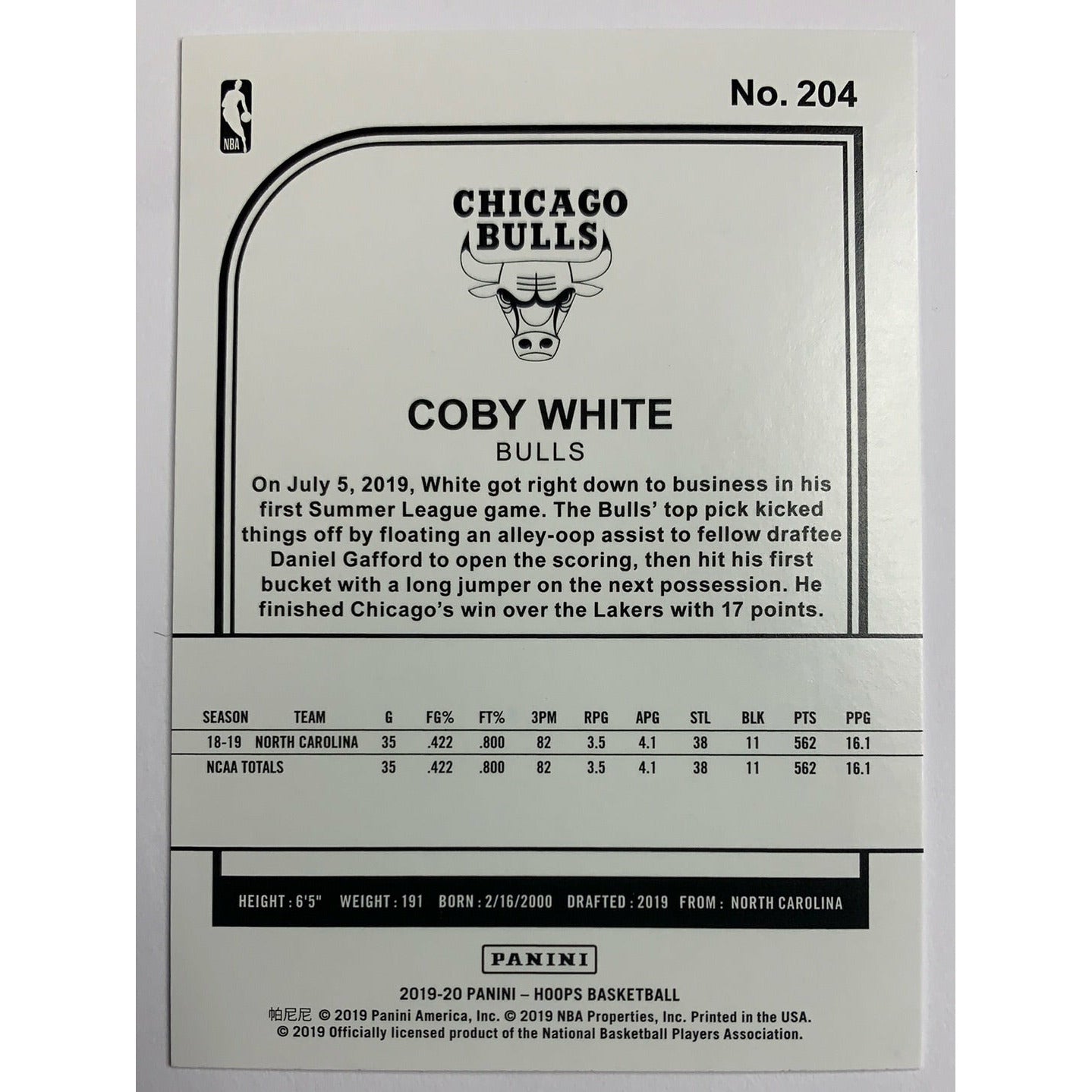 2019-20 Hoops Coby White RC
