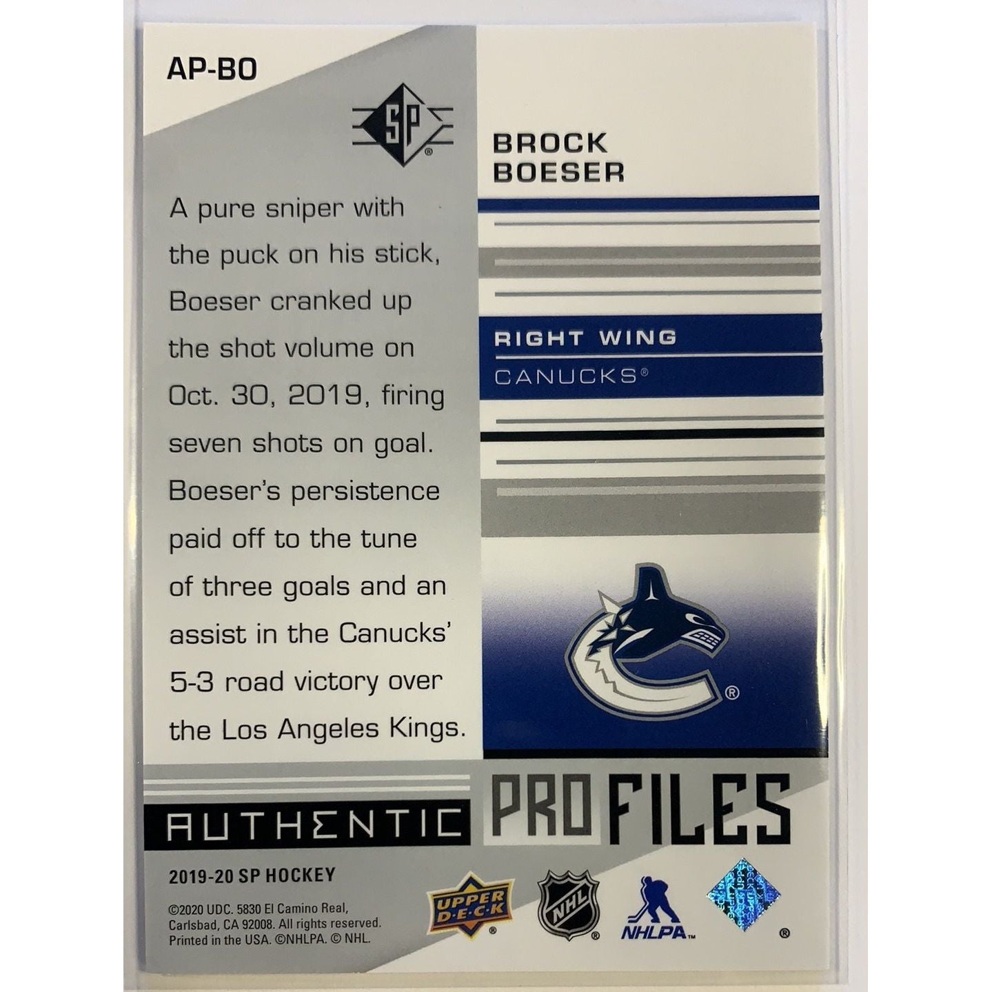  2019-20 SP Brock Boeser Authentic Pro Files  Local Legends Cards & Collectibles