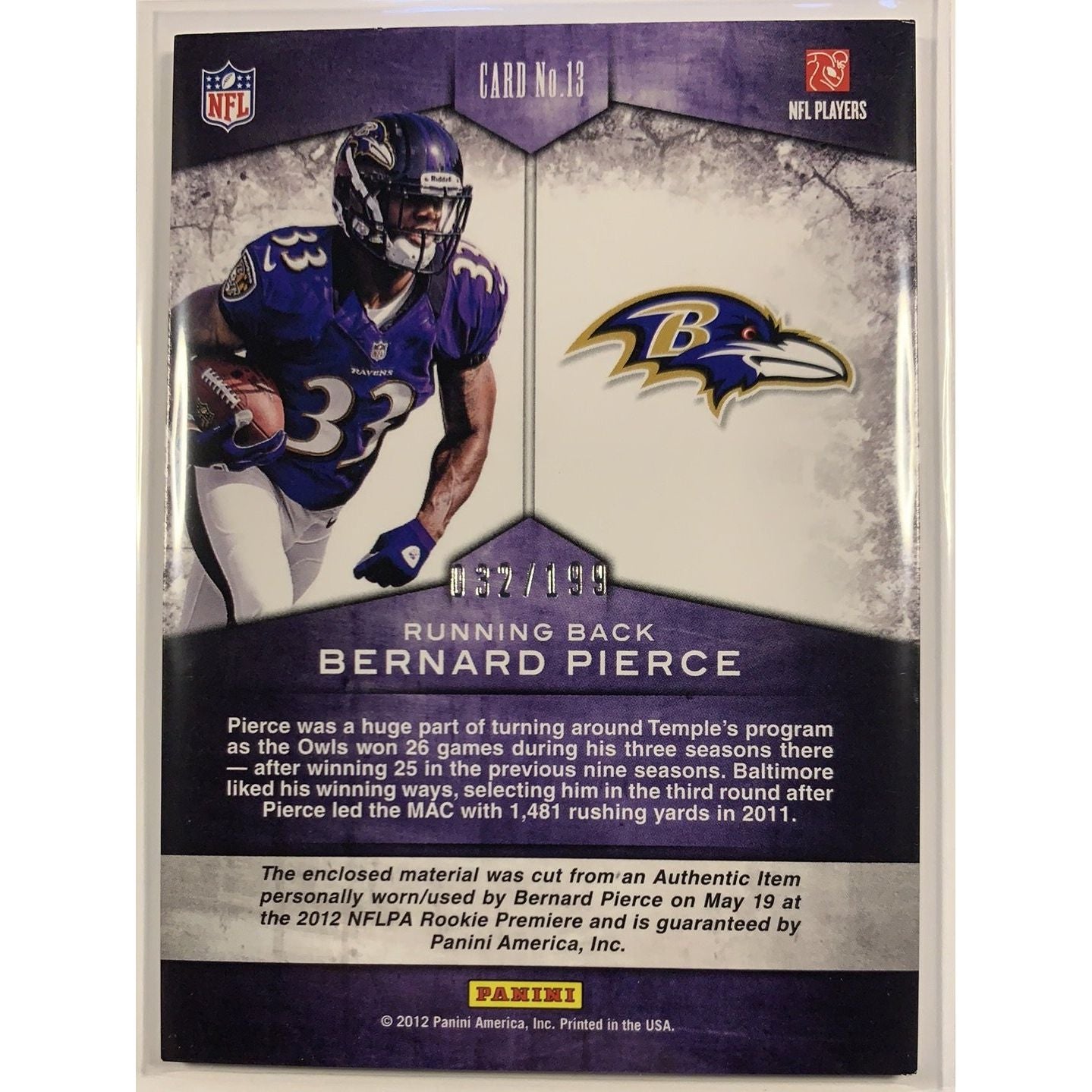  2012 Panini Bernard Pierce Rookie Team Threads /199  Local Legends Cards & Collectibles