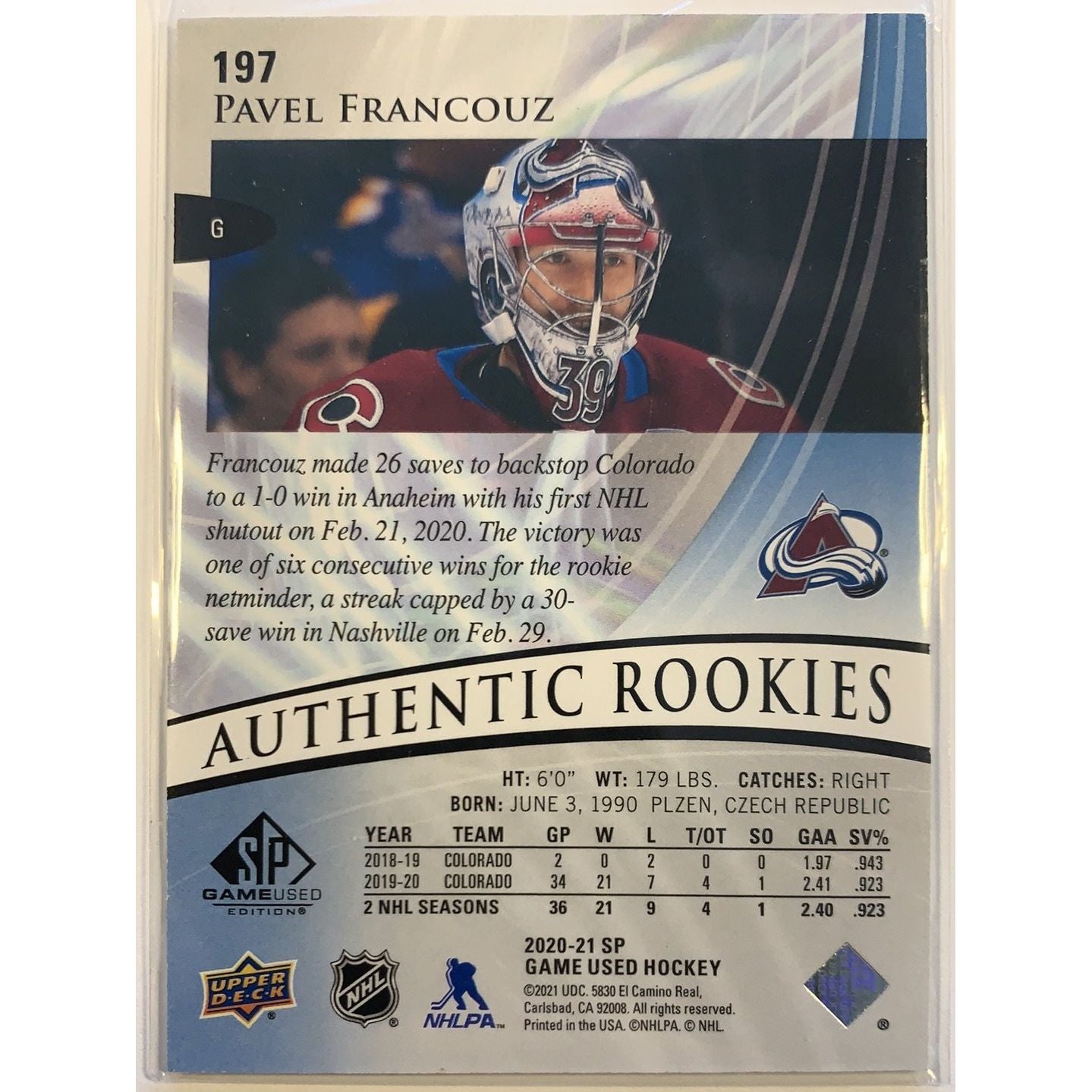  2020-21 SP Game Used Edition Pavel Francouz Authentic Rookies /199  Local Legends Cards & Collectibles