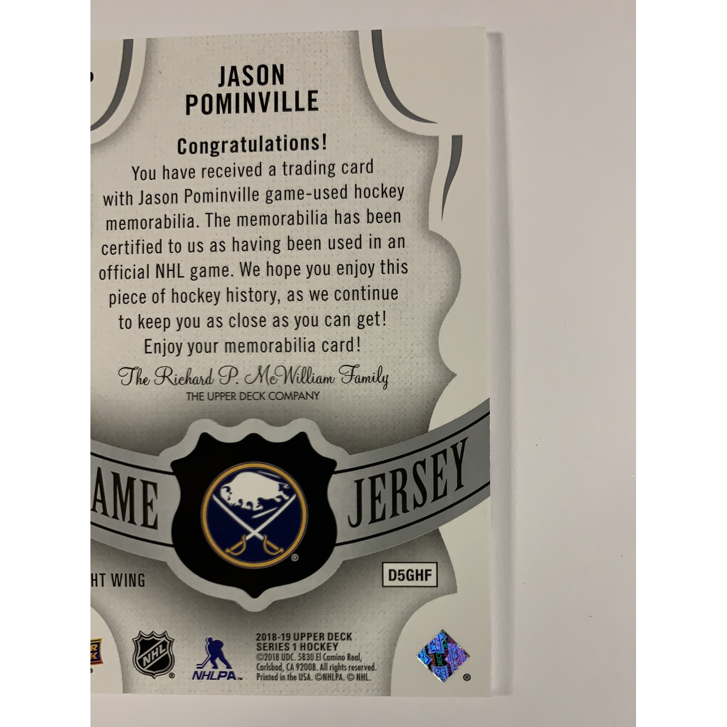  2018-19 Upper Deck Jason Pominvile Game Jersey  Local Legends Cards & Collectibles