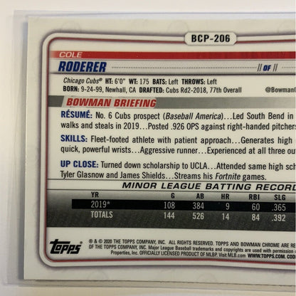  2020 Bowman Chrome Cole Roderer Mojo Refractor  Local Legends Cards & Collectibles