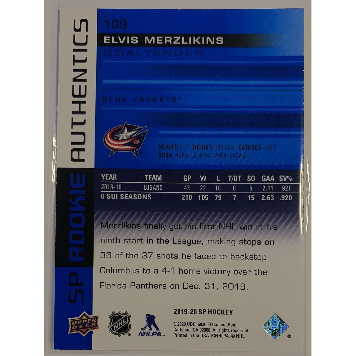  2019-20 SP Elvis Merzlikins Rookie Authentics  Local Legends Cards & Collectibles