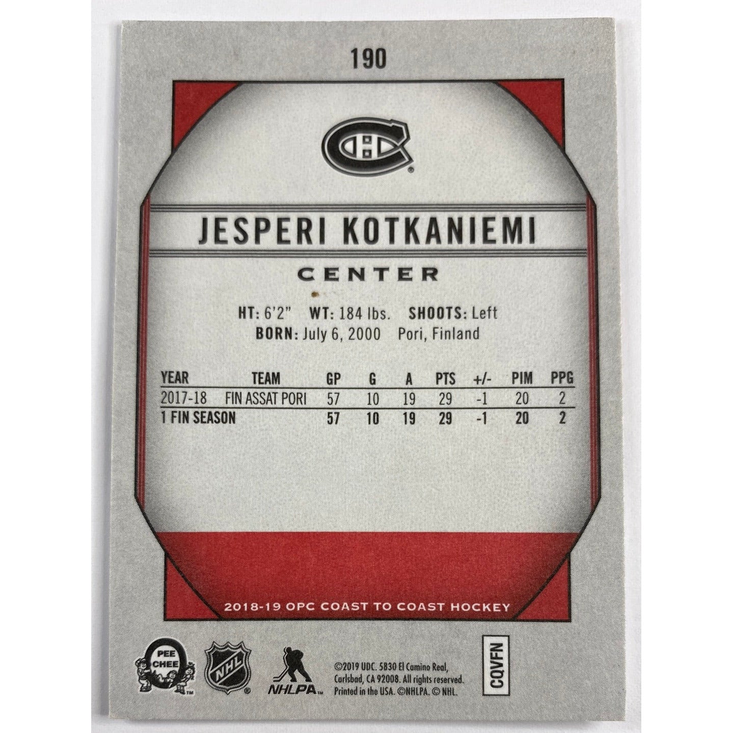 2018-19 OPC Coast to Coast Jesperi Kotkaniemi RC