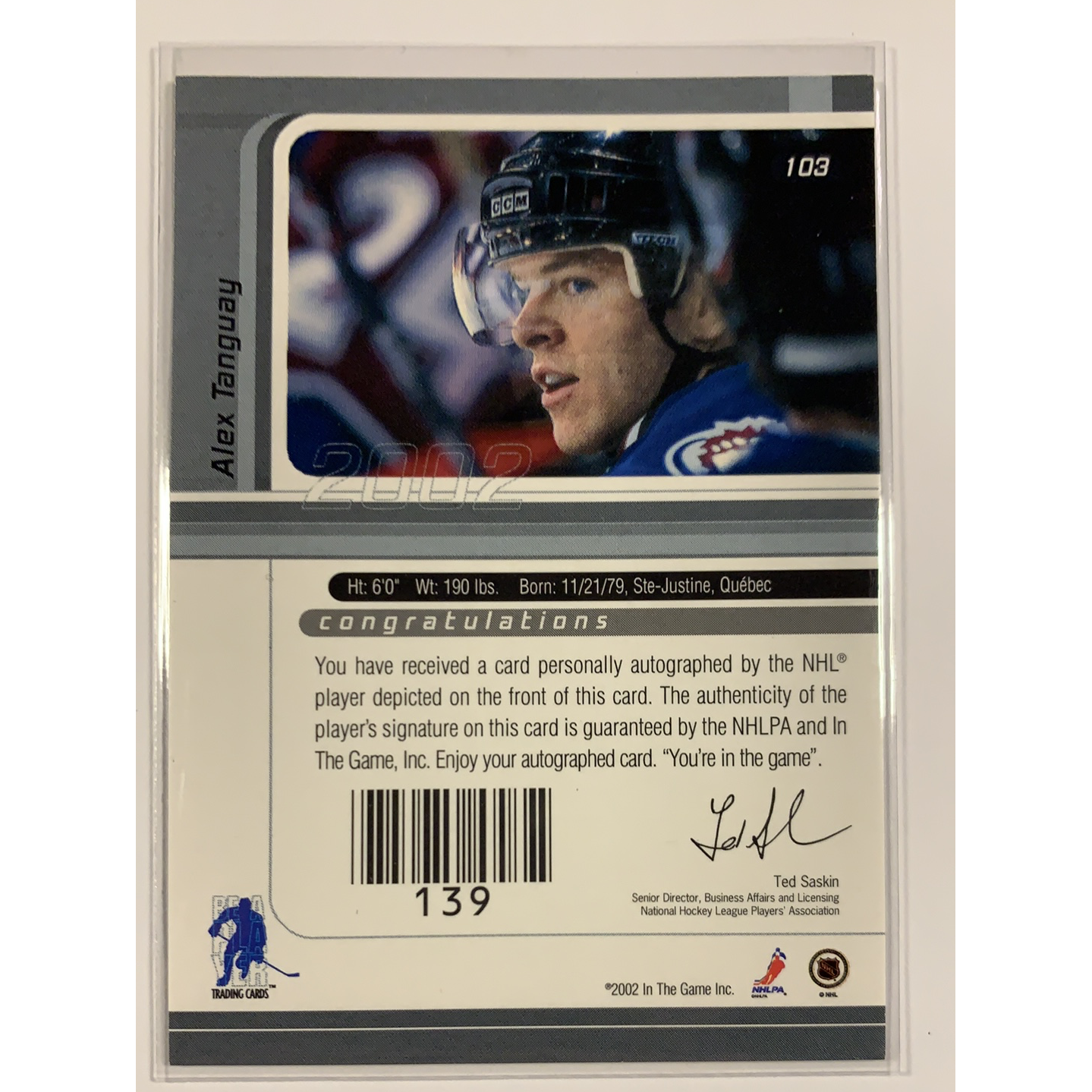  2002-03 In The Game Alex Tanguay Signature Series  Local Legends Cards & Collectibles