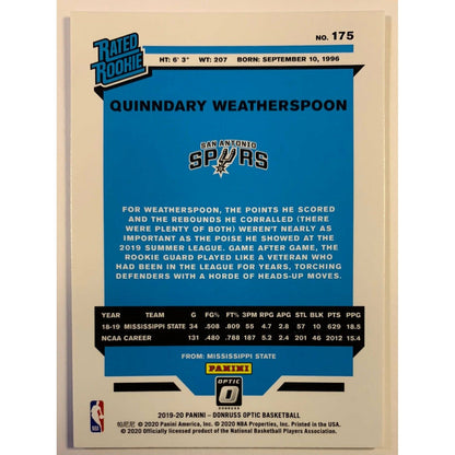 2019-20 Donruss Optic Quinndary Weatherspoon Rated Rookie