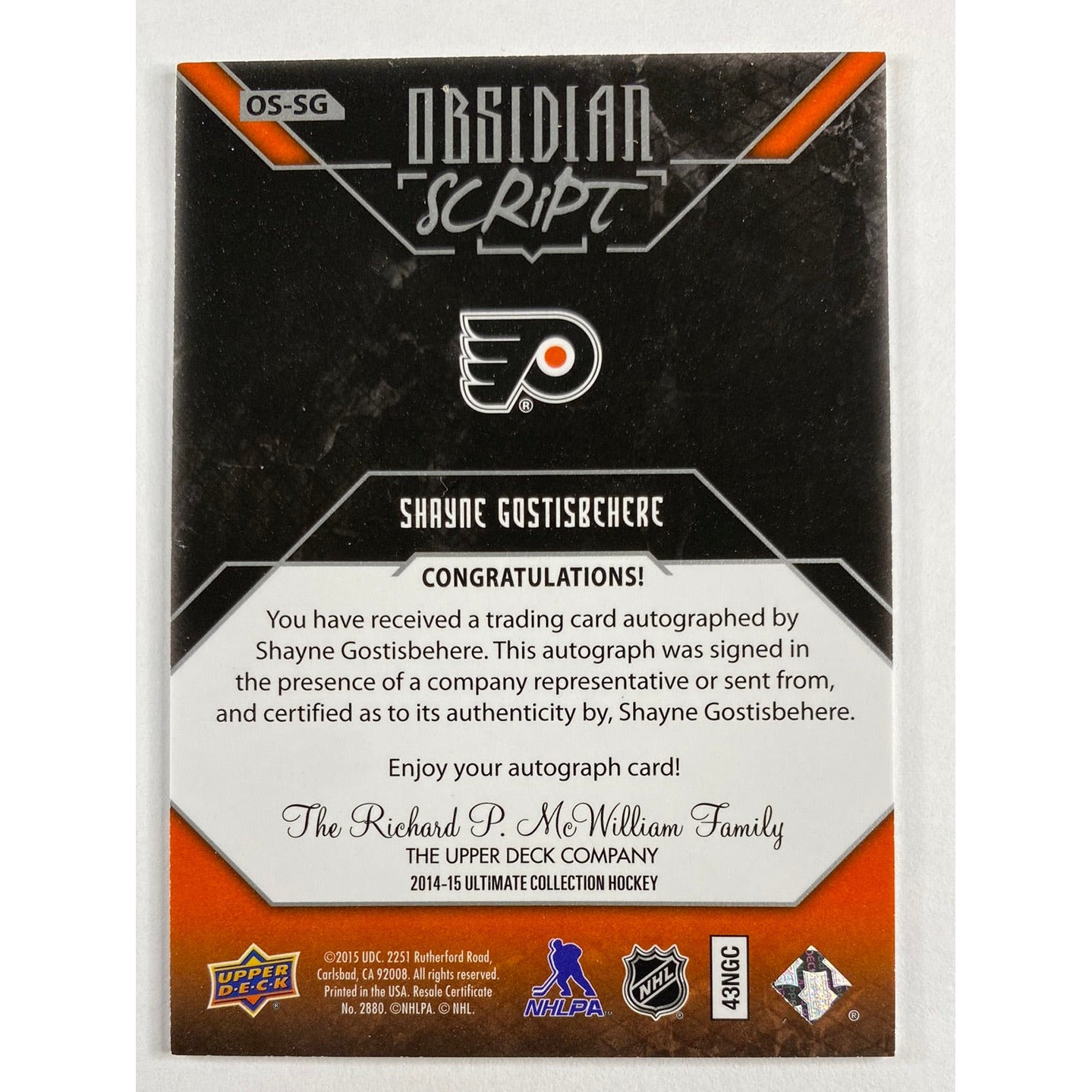 2014-15 Ultimate Collection Shayne Gostisbehere Obsidian Script Inscribed NHL Debut