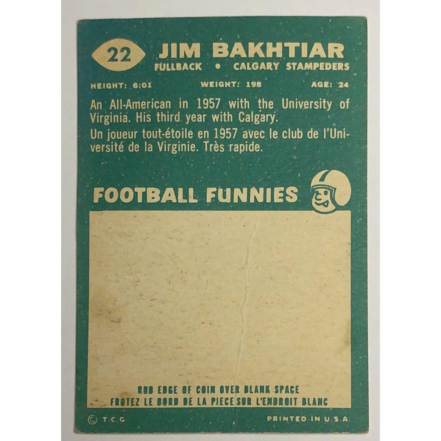 1960 Topps CFL Jim Bakhtiar #22